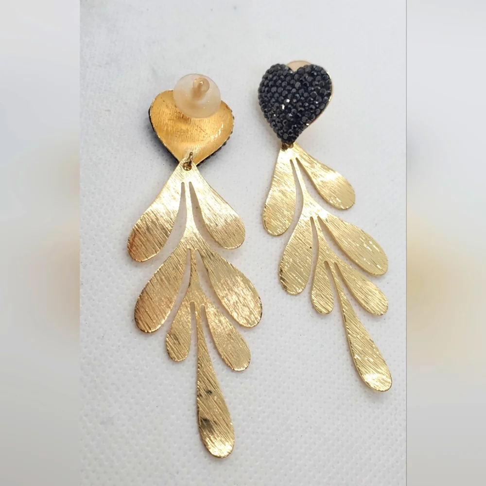 Liset Miro EARRINGS - Elegant Gold Leaf And Hearts With Rhinestones -Like-New- - Picture 5 of 5